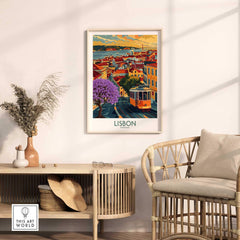 Lisbon Art Print showcasing Jacaranda trees and tram 28 in a stylish living room setting.
