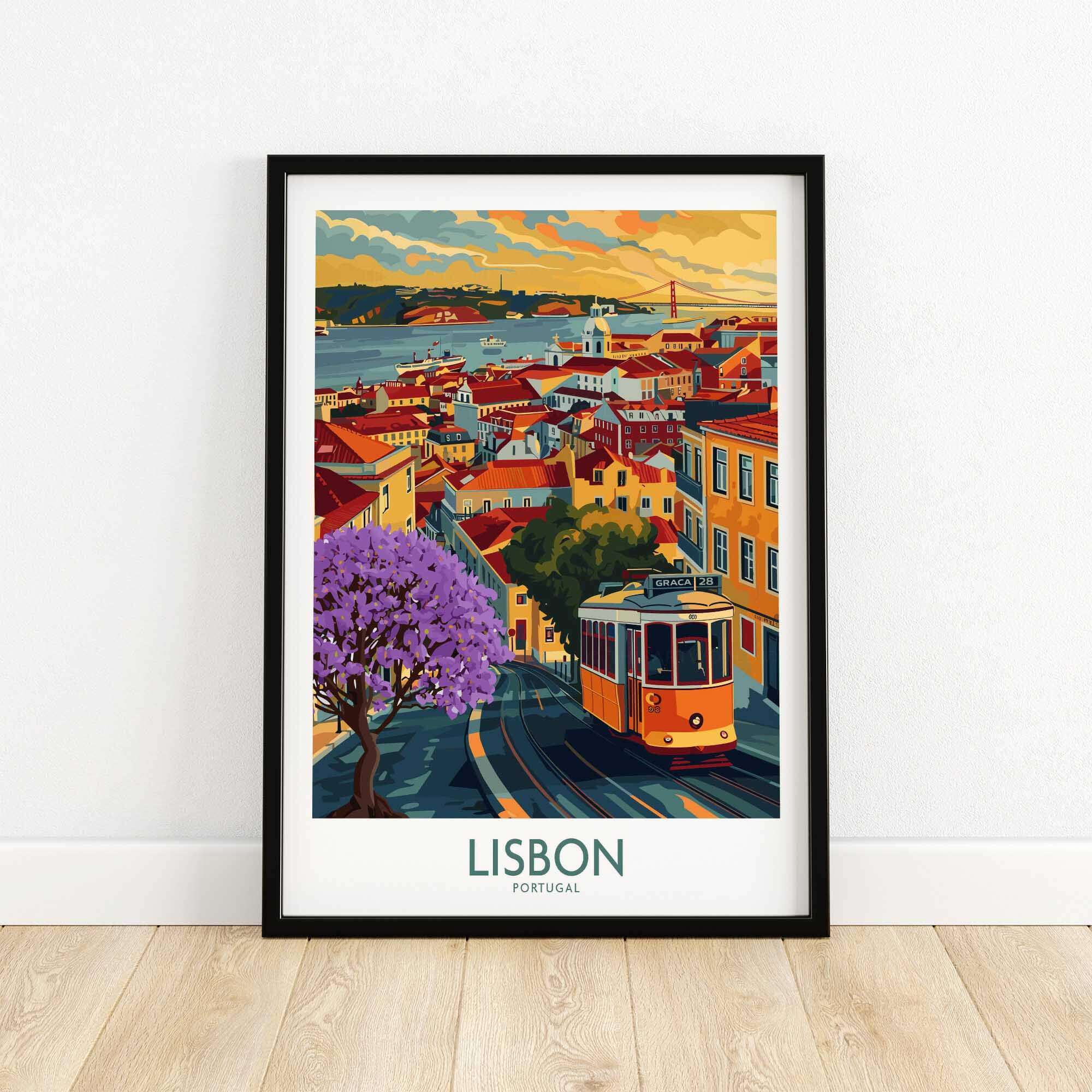 Lisbon Art Print featuring colorful architecture, Jacaranda trees, and tram 28, capturing the essence of Portugal.