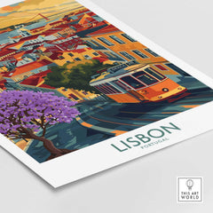 Lisbon Art Print featuring iconic tram 28 and Jacaranda trees, vibrant colors of Portugal streets.