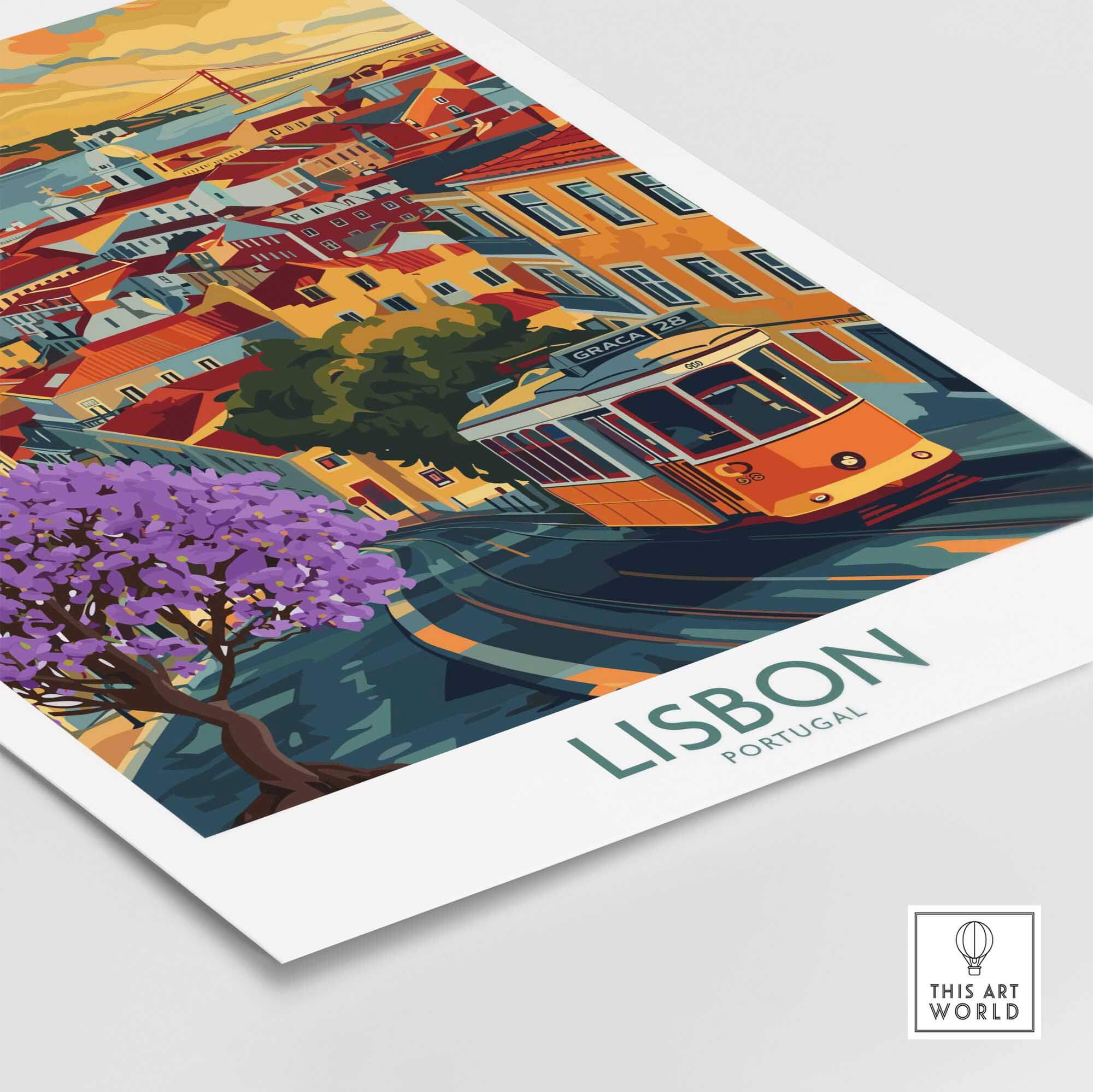 Lisbon Art Print featuring iconic tram 28 and Jacaranda trees, vibrant colors of Portugal streets.