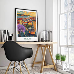 Lisbon Art Print featuring Jacaranda trees and tram 28, adding charm to home decor.