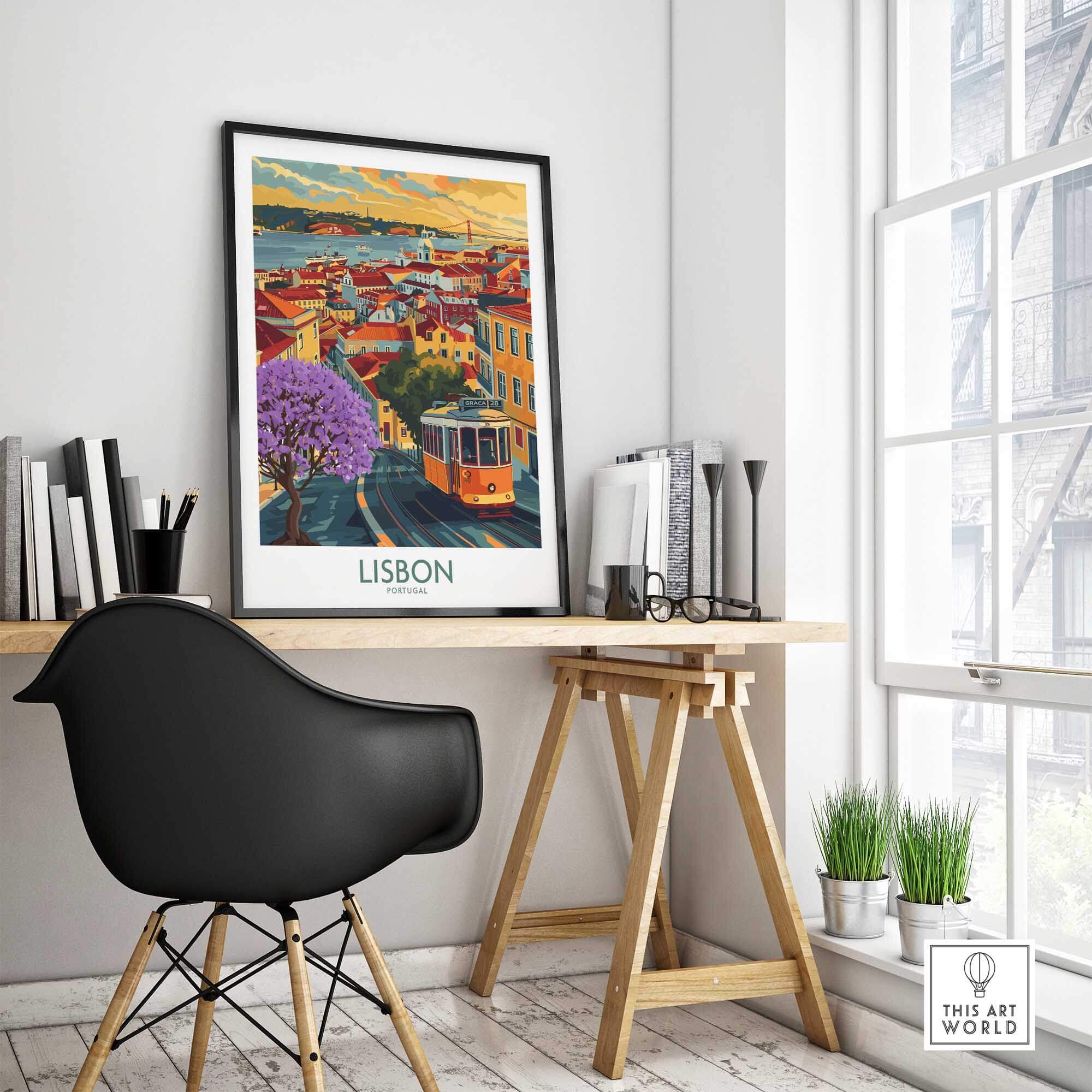 Lisbon Art Print featuring Jacaranda trees and tram 28, adding charm to home decor.