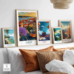 Lisbon Art Print featuring iconic Jacaranda trees and tram 28 in a stylish home decor setup.