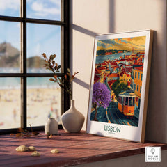 Lisbon Art Print featuring iconic tram 28 and Jacaranda trees in a beautiful coastal scene.