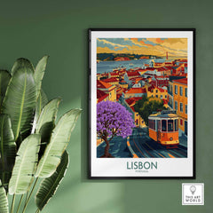 Lisbon Art Print showcasing vibrant streets, Jacaranda trees, and tram 28, perfect for home decor.