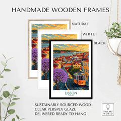 Lisbon Art Print displayed in stylish handmade wooden frames with vibrant colors and Jacaranda trees.