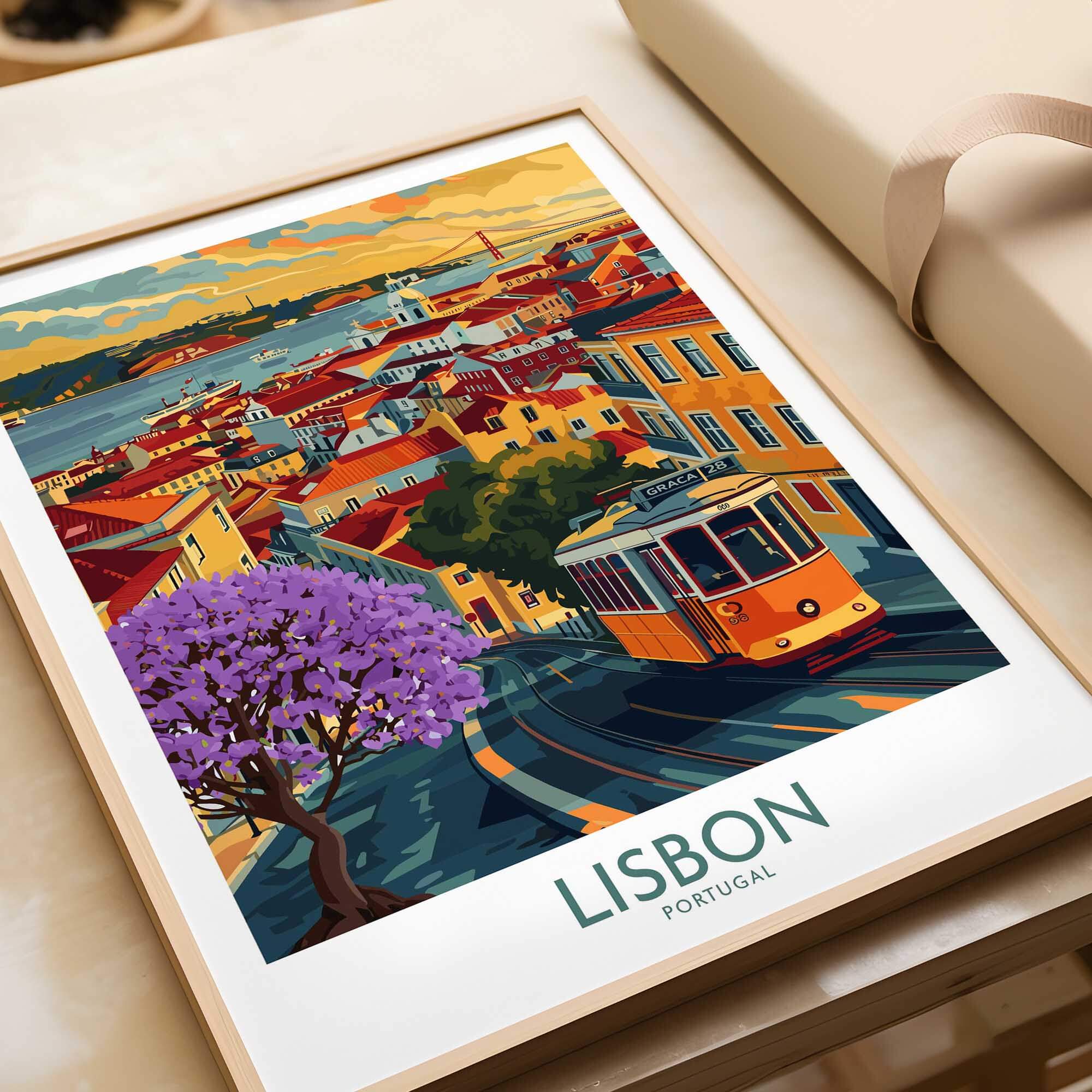 Lisbon Art Print featuring iconic tram 28 and Jacaranda trees, capturing the vibrant streets of Lisbon, Portugal.