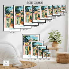 Lisbon Art Travel Print size guide showcasing various frame sizes and vibrant Lisbon artwork.