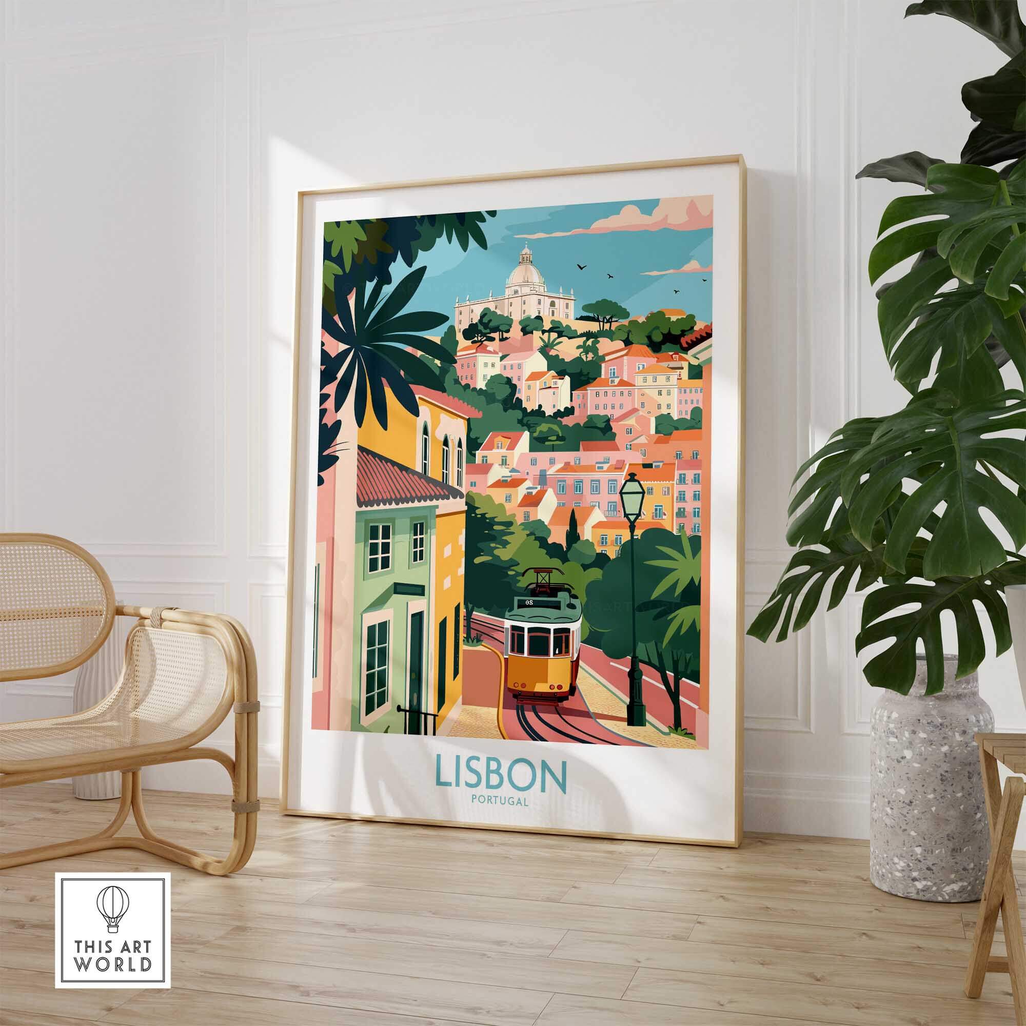 Lisbon Art Travel Print showcasing vibrant colors, iconic tram 28, and charming Lisbon streets in a stylish interior.