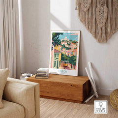 Lisbon Art Travel Print showcasing vibrant colors and iconic tram in a stylish interior setting.