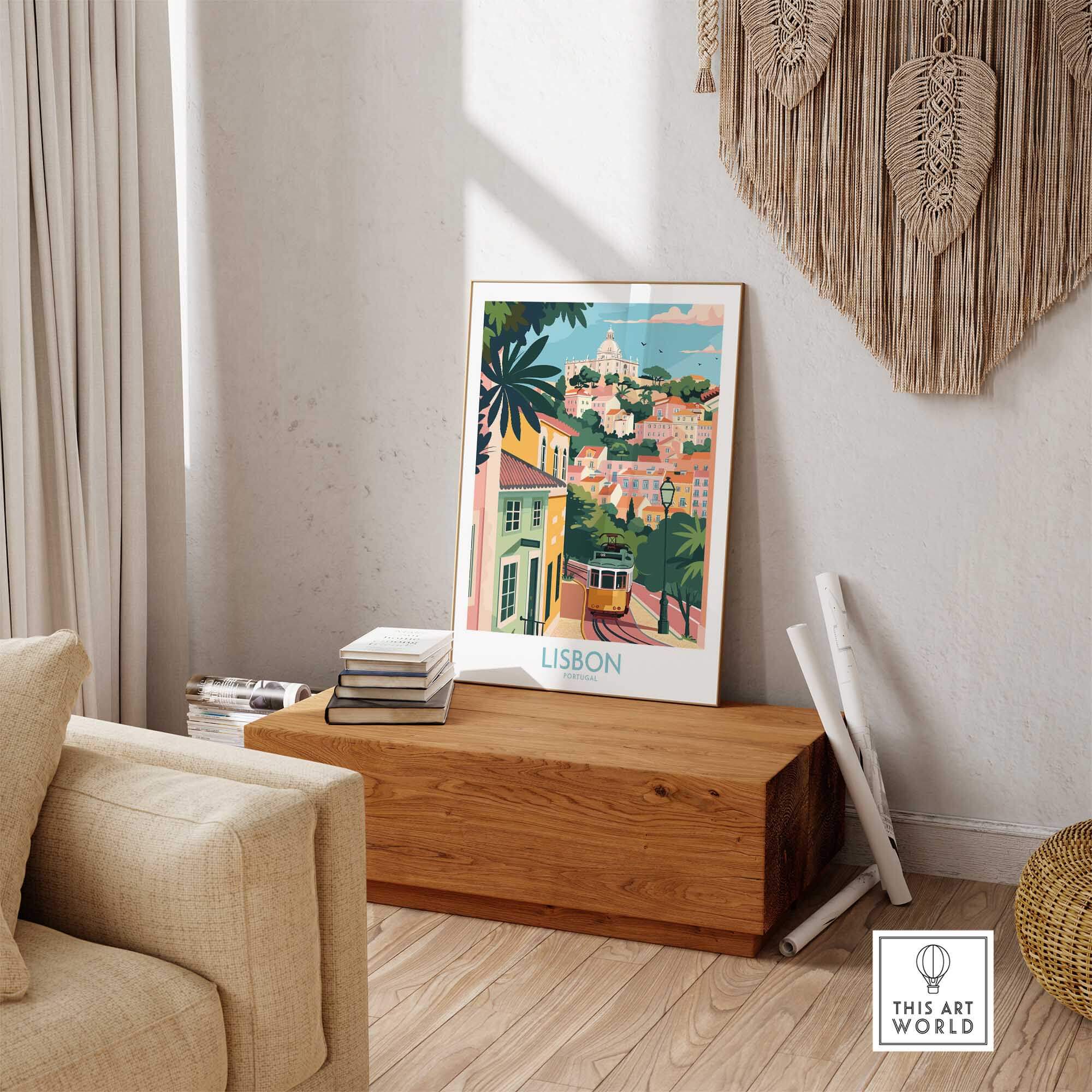 Lisbon Art Travel Print showcasing vibrant colors and iconic tram in a stylish interior setting.