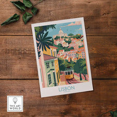 Lisbon Art Travel Print showcasing vibrant pastel colors and the iconic tram 28 in a charming Lisbon street scene.