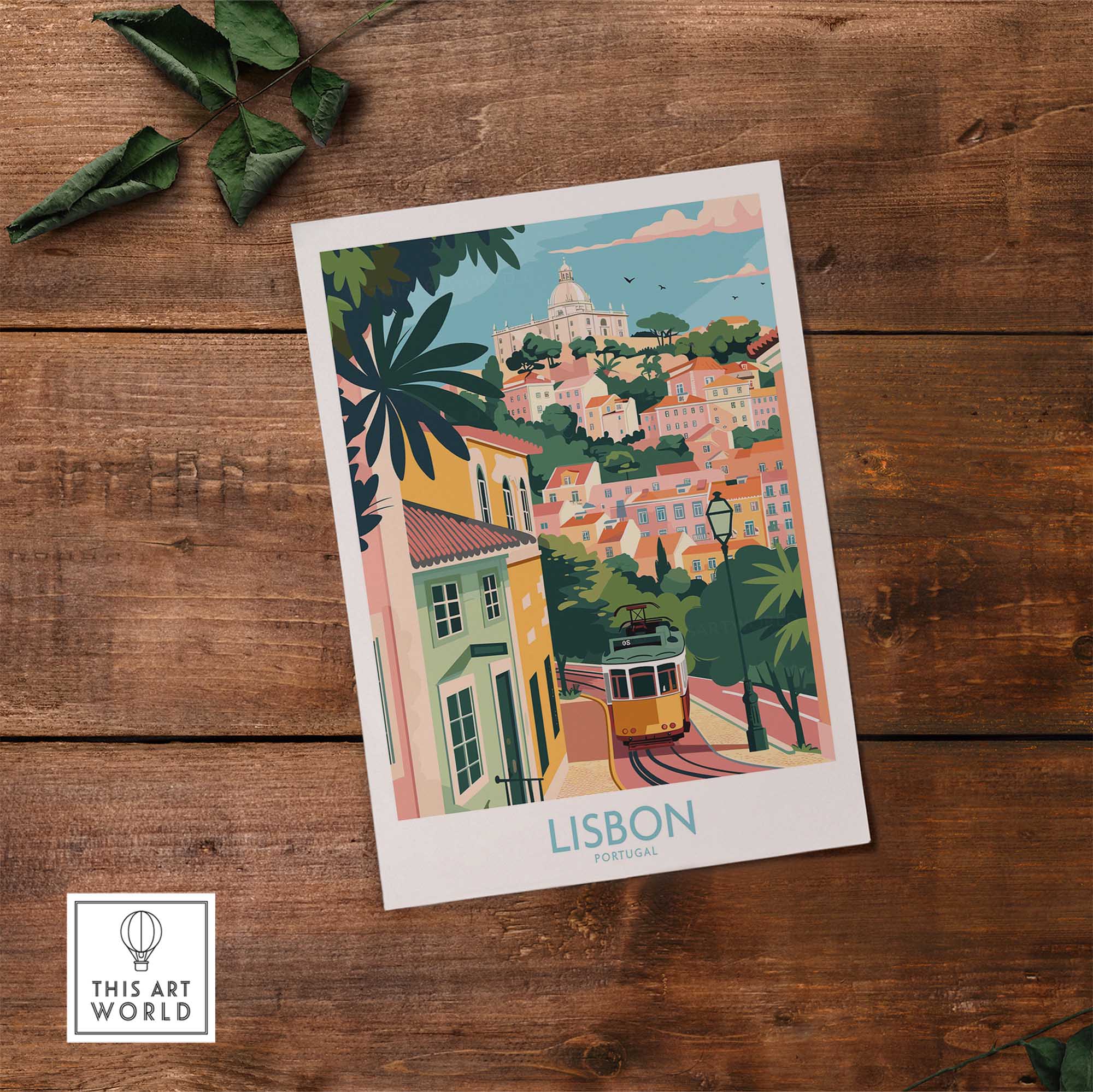Lisbon Art Travel Print showcasing vibrant pastel colors and the iconic tram 28 in a charming Lisbon street scene.