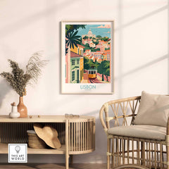 Lisbon Art Travel Print featuring vibrant colors and iconic tram 28 in a cozy home setting.