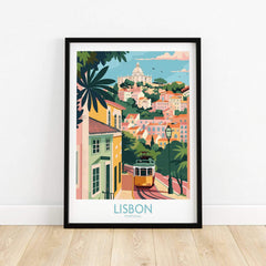 Lisbon Art Travel Print showcasing vibrant pastel colors and tram 28 in charming Lisbon streets, perfect for art collectors.