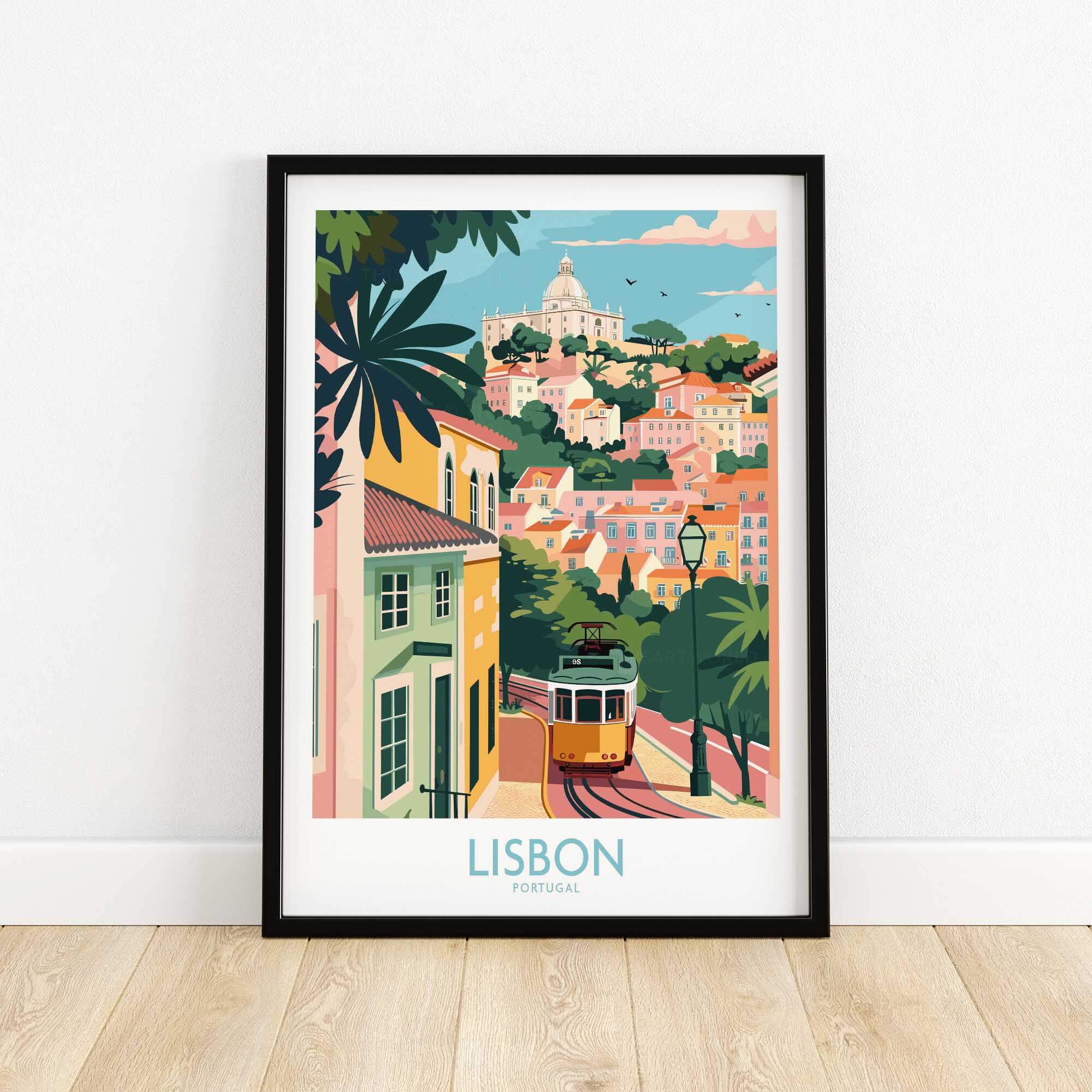 Lisbon Art Travel Print showcasing vibrant pastel colors and tram 28 in charming Lisbon streets, perfect for art collectors.