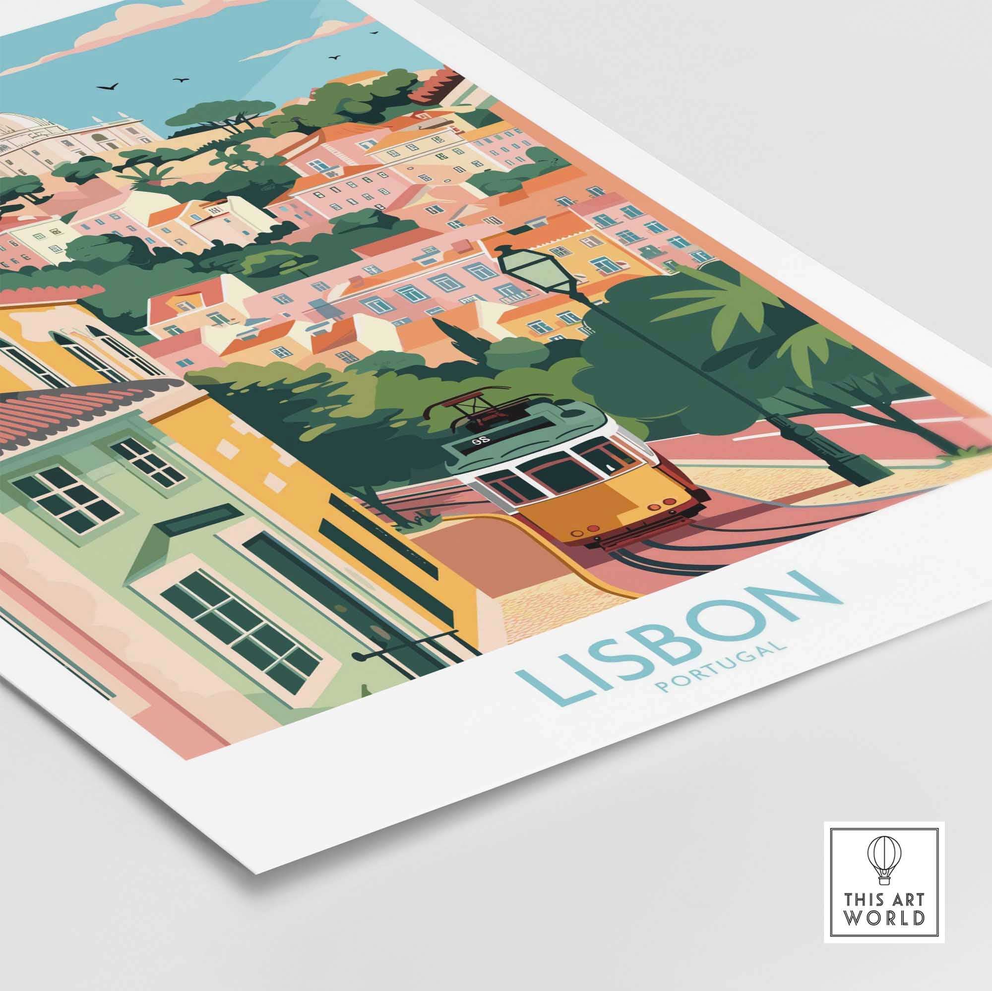 Lisbon Art Travel Print featuring vibrant colors and tram 28, showcasing the charm of Lisbon, Portugal.