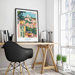 Lisbon Art Travel Print displayed on a stylish desk, capturing the vibrant essence of Lisbon's charming streets.