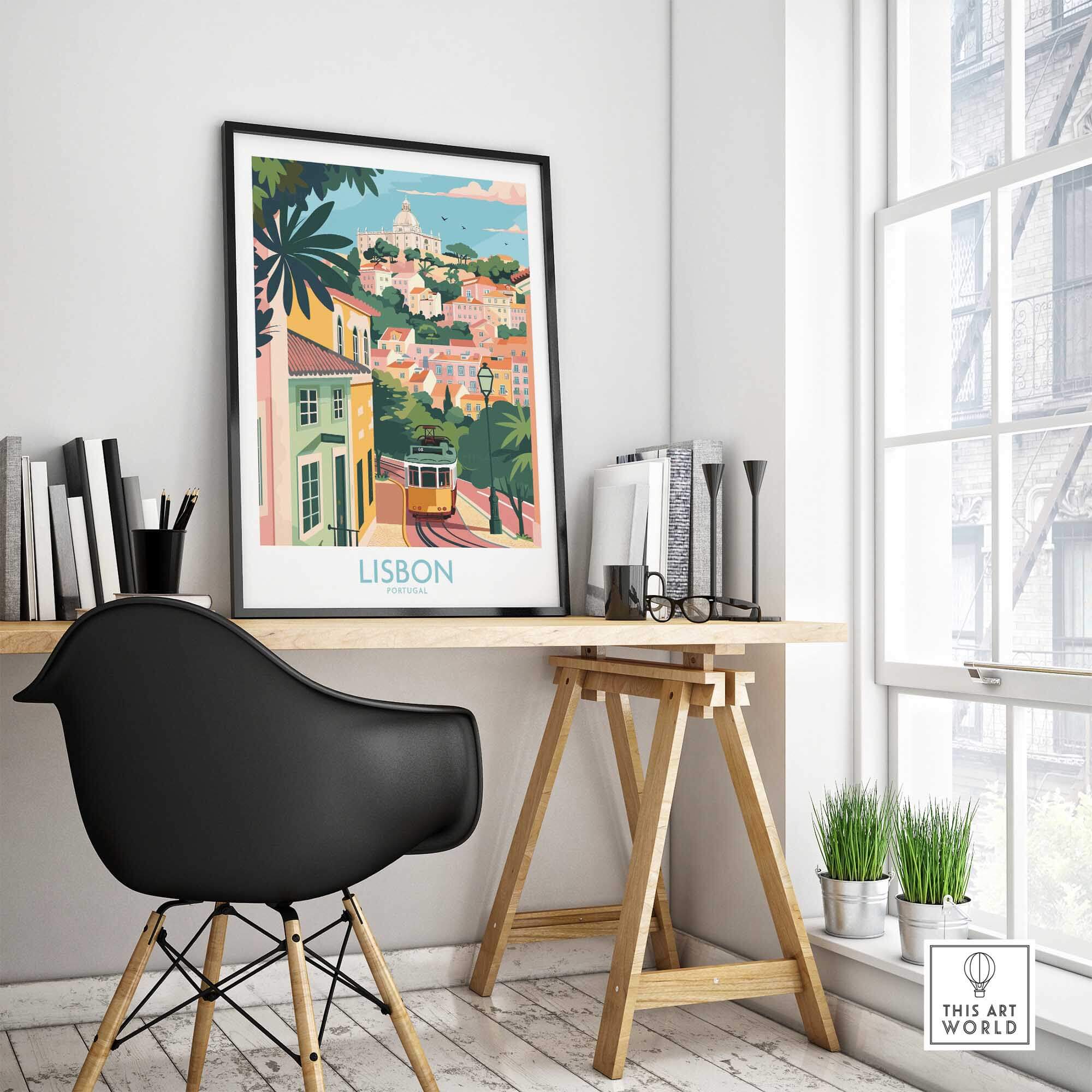 Lisbon Art Travel Print displayed on a stylish desk, capturing the vibrant essence of Lisbon's charming streets.