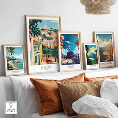 Lisbon Art Travel Print among multiple framed travel posters including Philippines, Beijing, and Grand Canyon.
