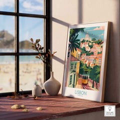 Lisbon Art Travel Print displayed by a window, showcasing vibrant colors and iconic tram in a charming Lisbon scene.