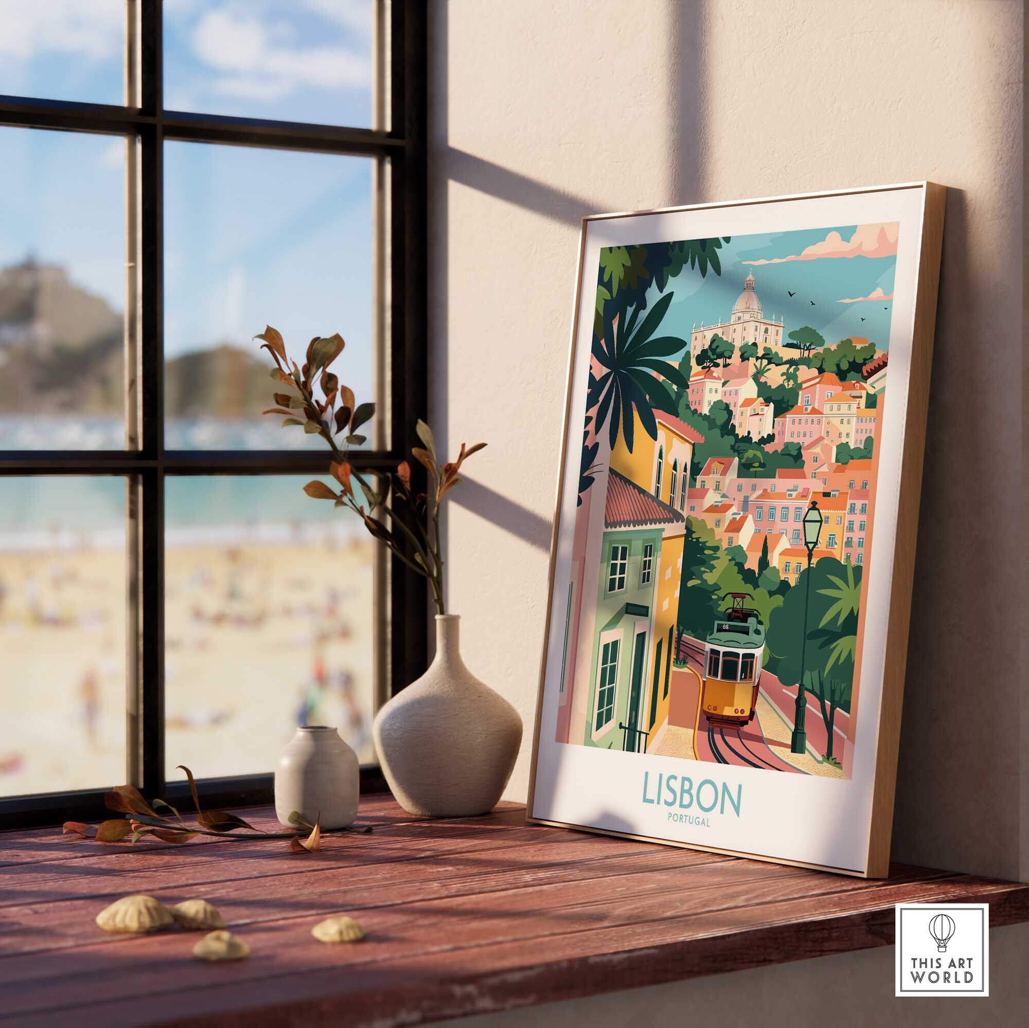Lisbon Art Travel Print displayed by a window, showcasing vibrant colors and iconic tram in a charming Lisbon scene.