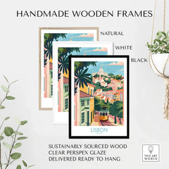 Lisbon Art Travel Print framed in various handmade wooden frames, showcasing vibrant Lisbon street art.