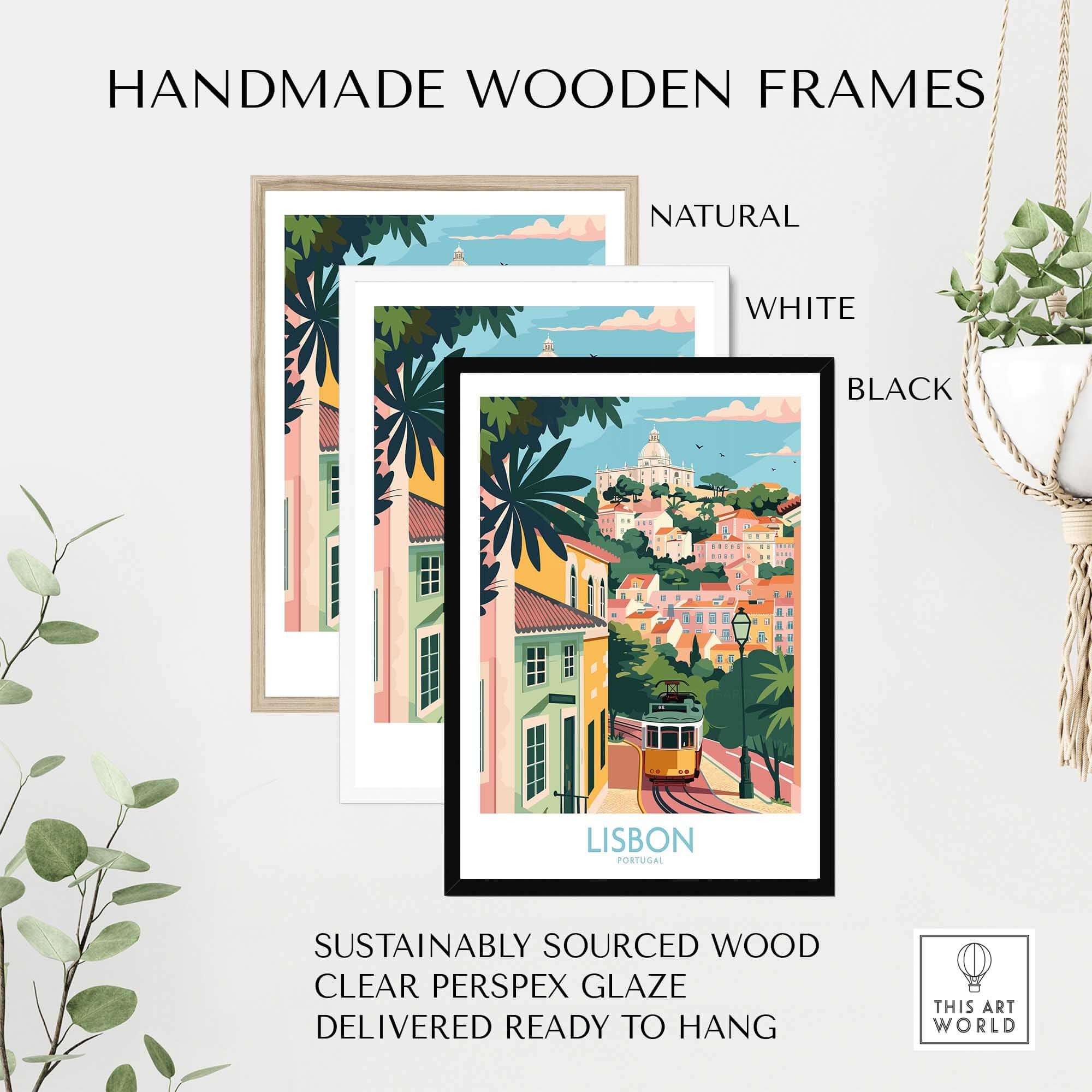 Lisbon Art Travel Print framed in various handmade wooden frames, showcasing vibrant Lisbon street art.