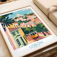 Lisbon Art Travel Print featuring vibrant pastel colors and iconic tram 28 in the charming streets of Lisbon.