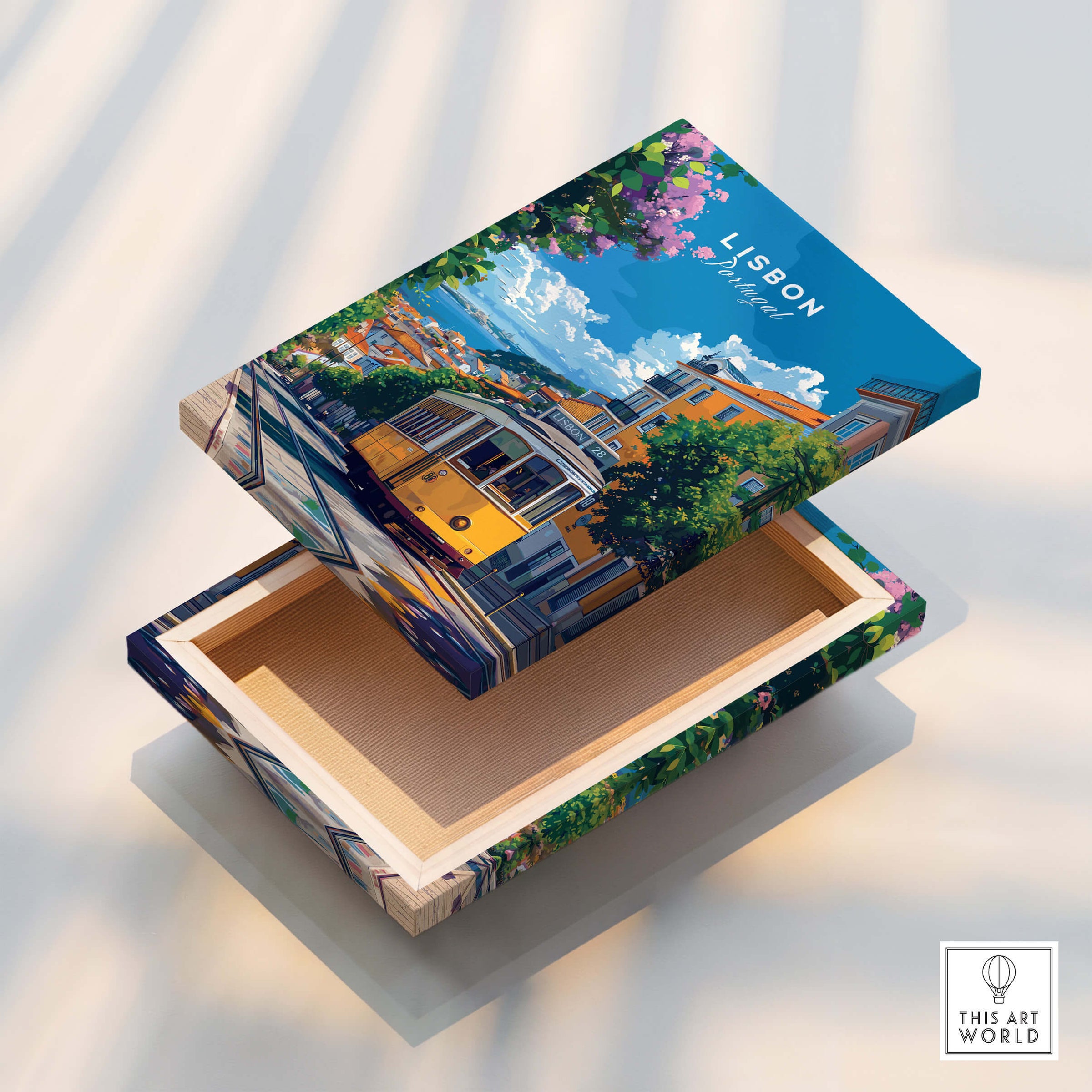 Lisbon Cityscape Tram 28 Poster | Colorful Portugal Travel Art wooden box with vibrant street design and iconic tram