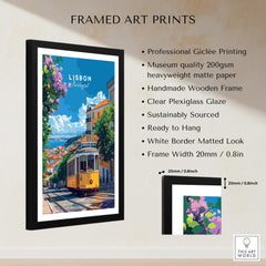 Lisbon Cityscape Tram 28 Poster | Colorful Portugal Travel Art framed print showcasing vibrant streets and iconic tram.