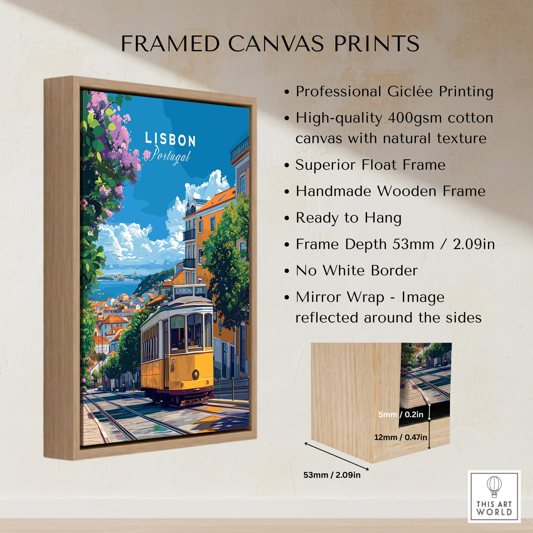 Lisbon Cityscape Tram 28 Poster | Colorful Portugal Travel Art in a framed canvas print featuring vibrant colors.