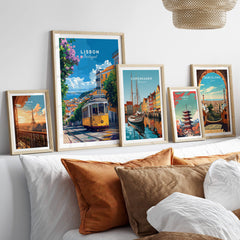 Lisbon Cityscape Tram 28 Poster | Colorful Portugal Travel Art displayed among other travel posters in a stylish interior.