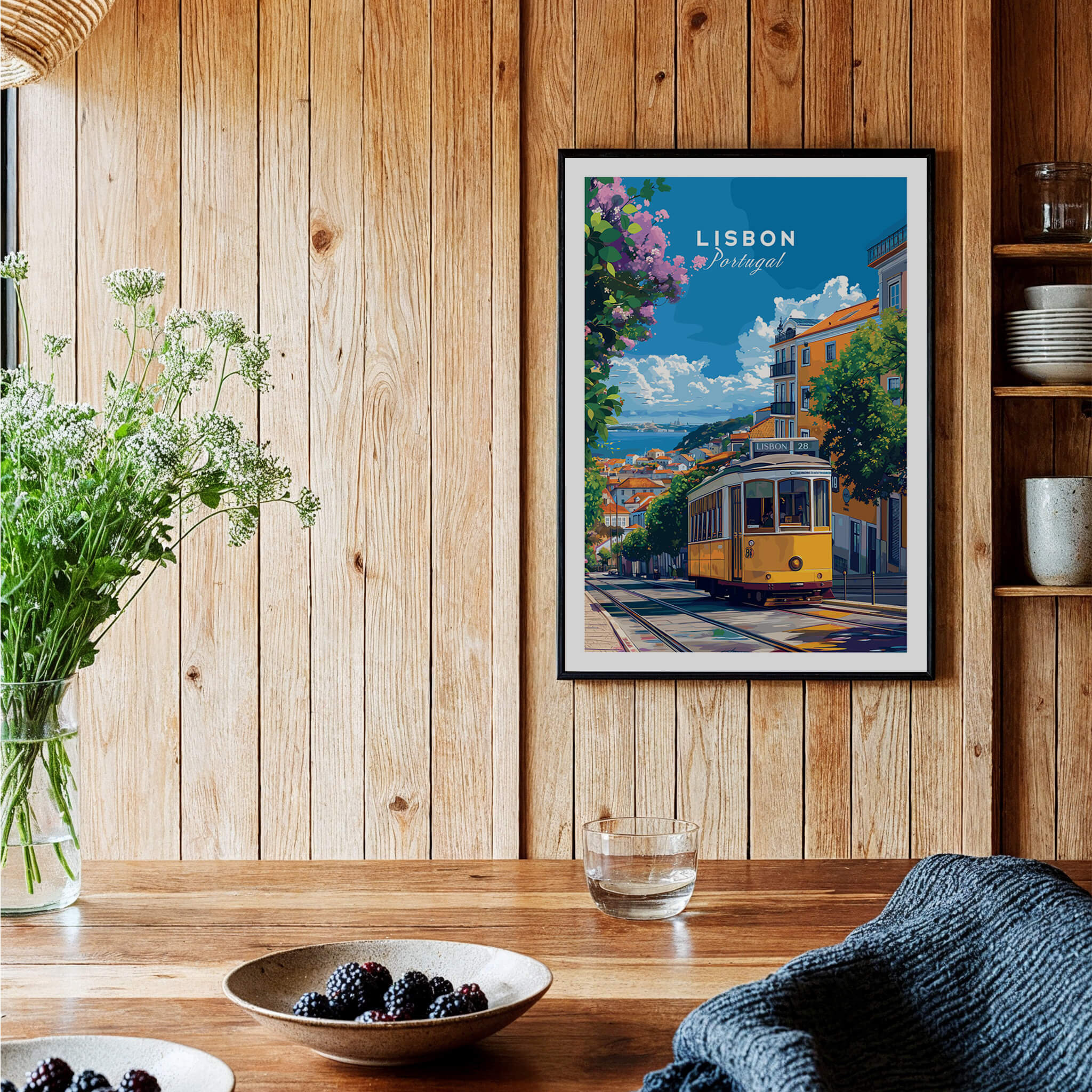 Lisbon Cityscape Tram 28 Poster | Colorful Portugal Travel Art featuring a vibrant tram scene in a wooden interior.