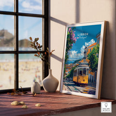 Lisbon Cityscape Tram 28 Poster | Colorful Portugal Travel Art displayed in a bright interior with a view of the beach.
