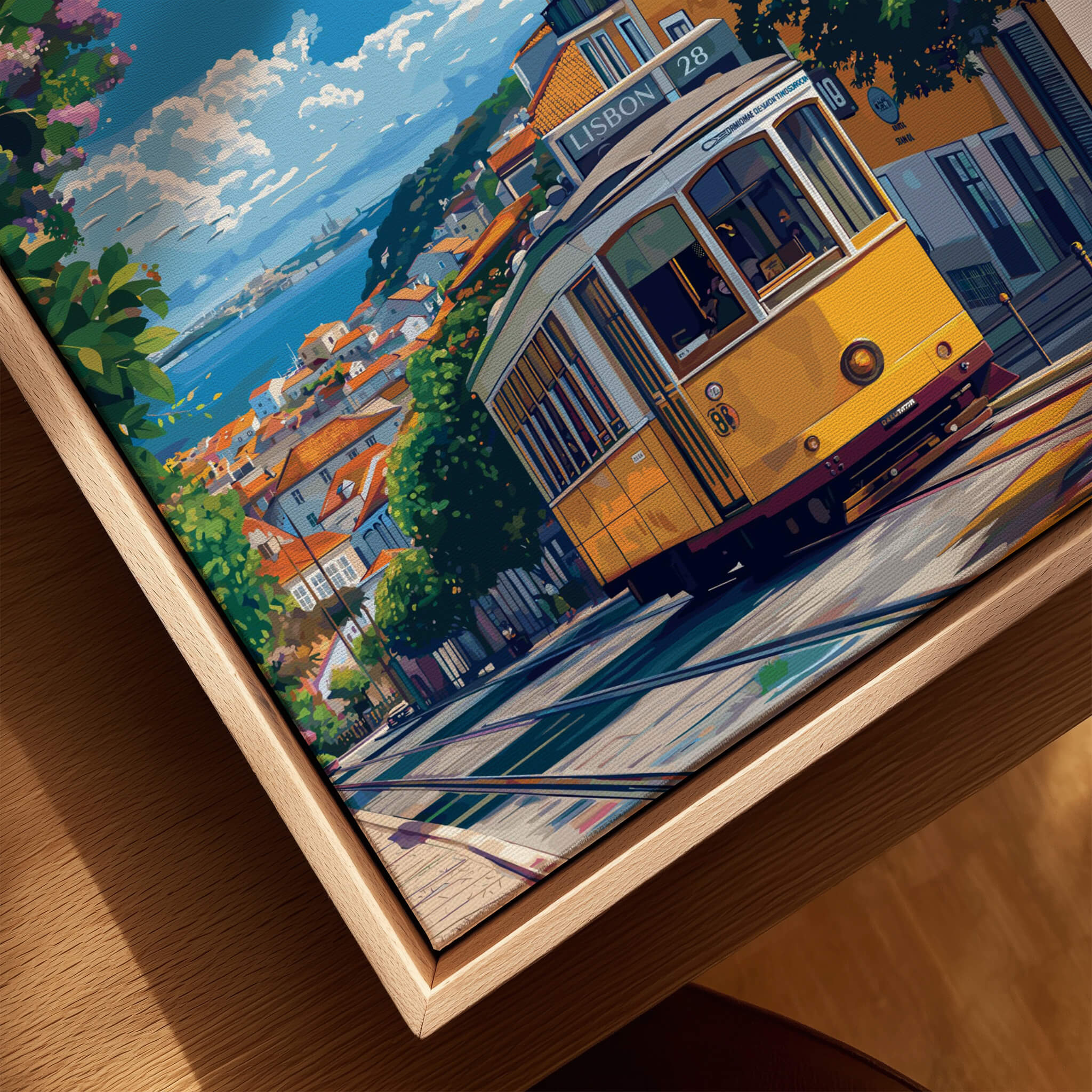 Lisbon Cityscape Tram 28 Poster | Colorful Portugal Travel Art features a vibrant yellow tram in Lisbon's charming streets.