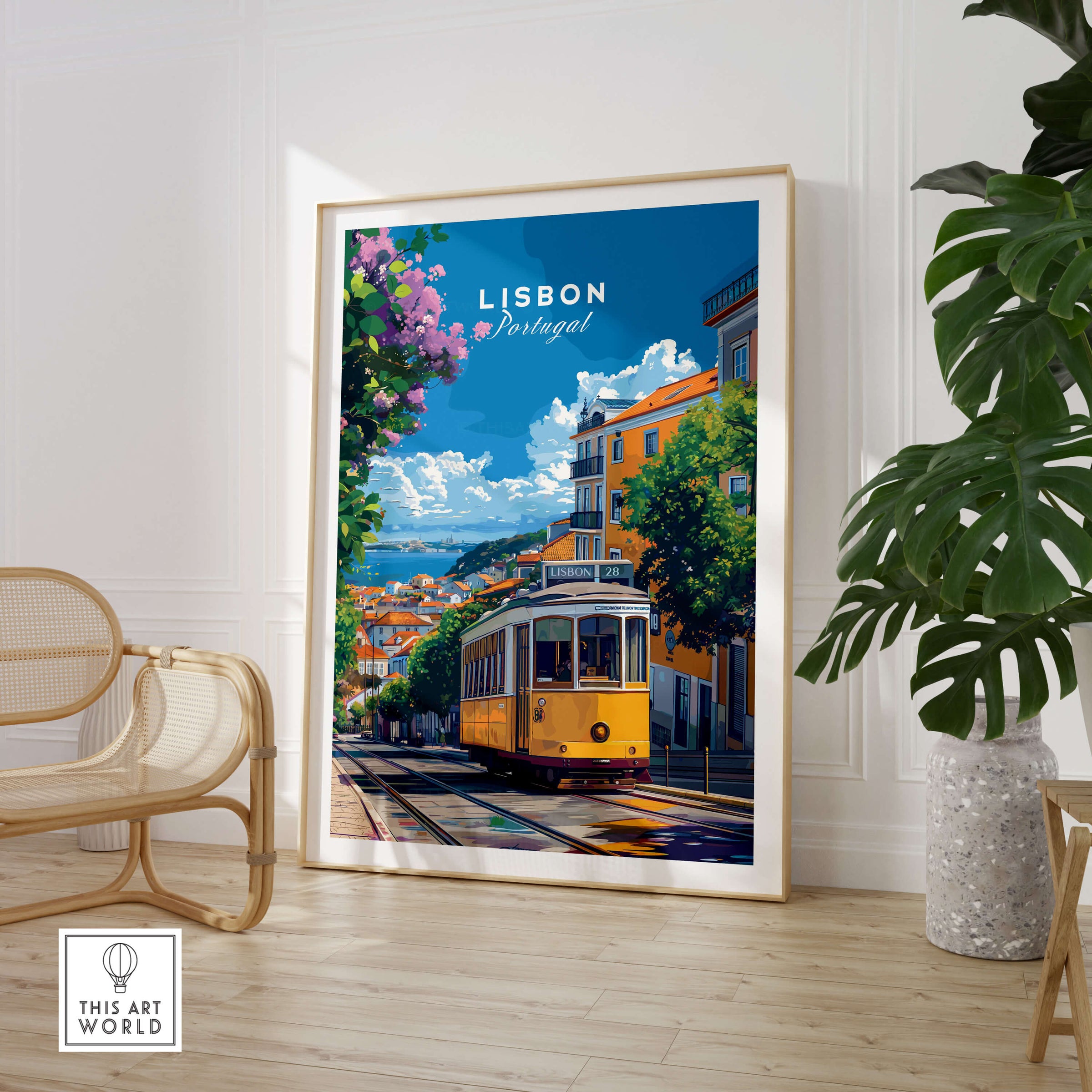 Lisbon Cityscape Tram 28 Poster | Colorful Portugal Travel Art displayed in a room with plants and modern furniture.