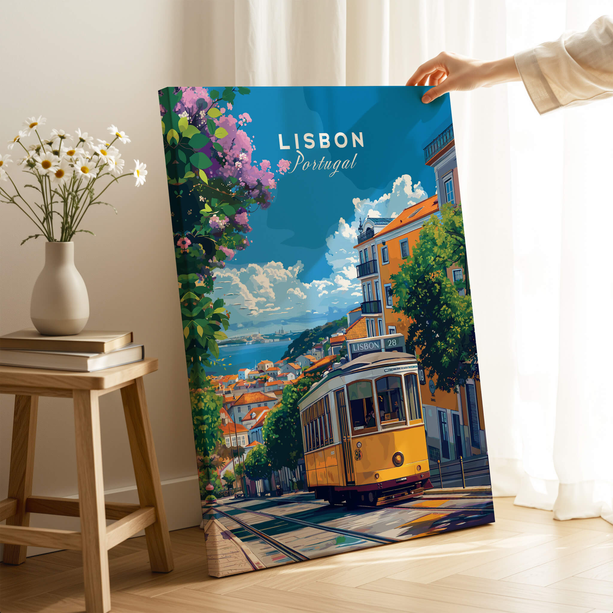 Lisbon Cityscape Tram 28 Poster | Colorful Portugal Travel Art showcasing a vibrant tram in the charming streets of Lisbon.