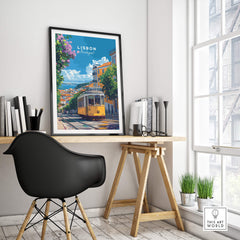 Lisbon Cityscape Tram 28 Poster | Colorful Portugal Travel Art displayed in a stylish modern office setting.