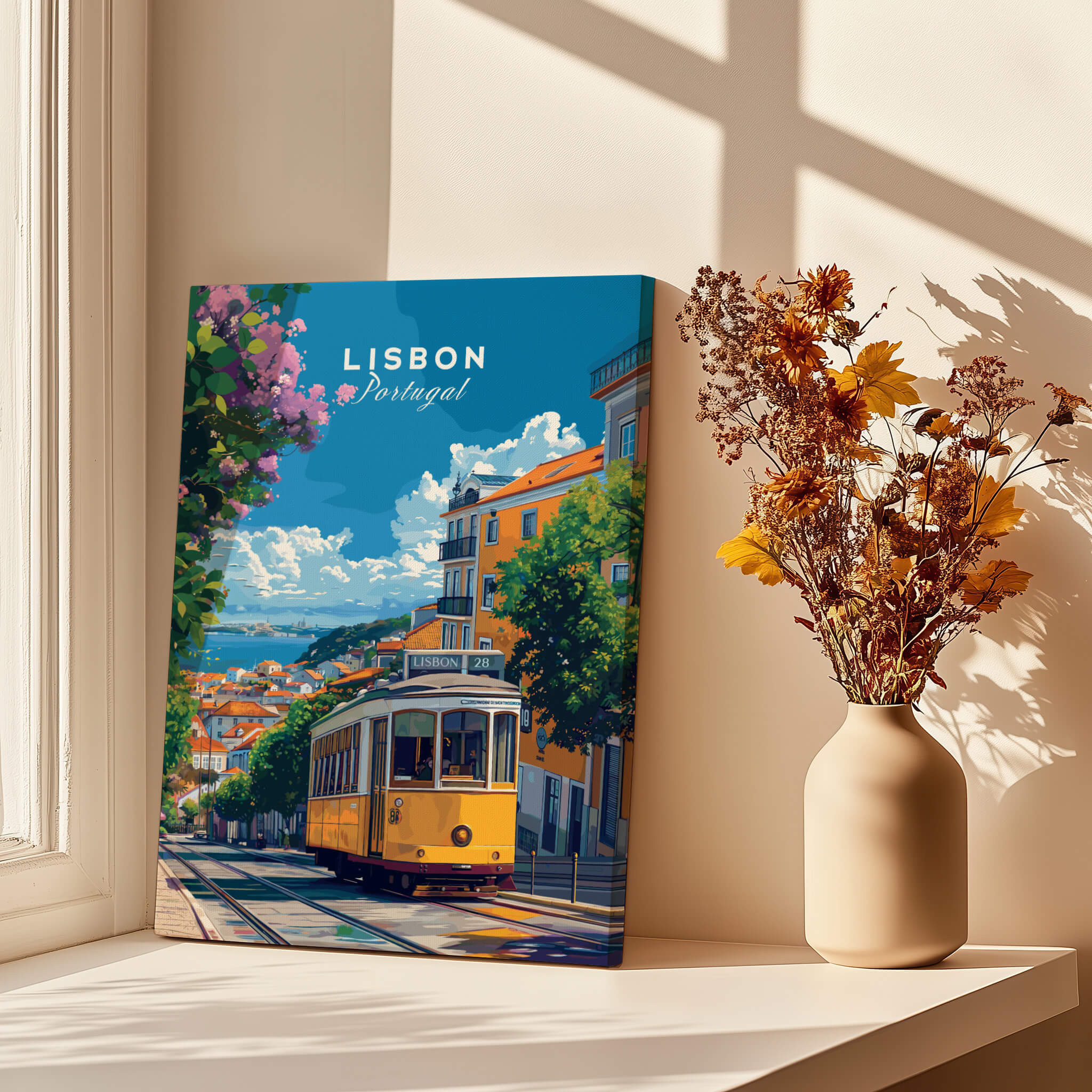 Lisbon Cityscape Tram 28 Poster | Colorful Portugal Travel Art in a sunlit room with a vase of flowers.