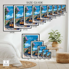 Lisbon Cityscape Tram 28 Poster | Colorful Portugal Travel Art size guide displayed on various frame sizes.