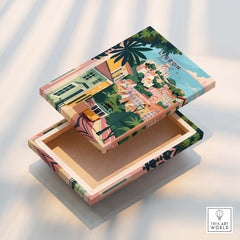 Lisbon Portugal Tram and Castle View Art Print | Pastel Cityscape Poster decorative box featuring colorful Lisbon scene.