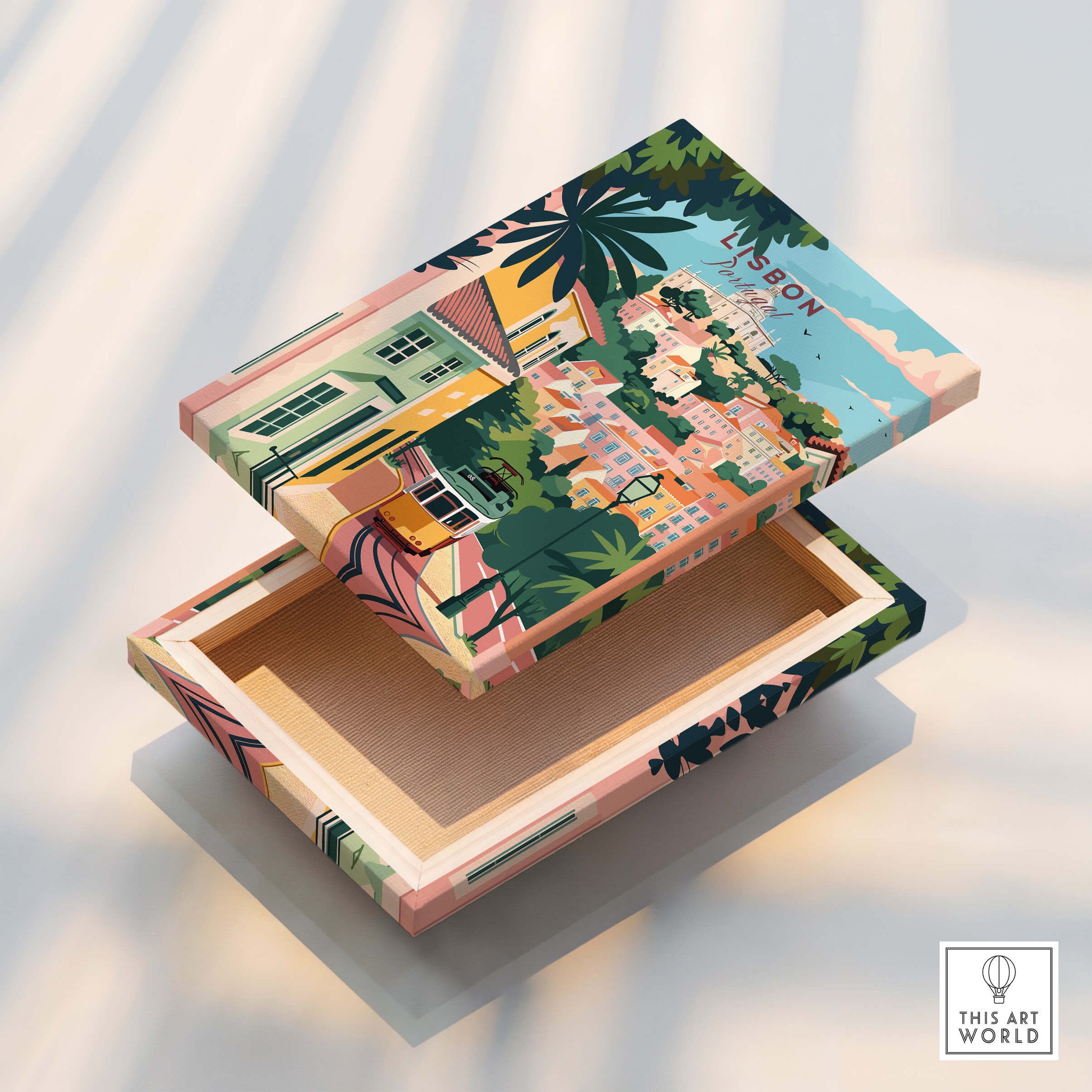 Lisbon Portugal Tram and Castle View Art Print | Pastel Cityscape Poster decorative box featuring colorful Lisbon scene.