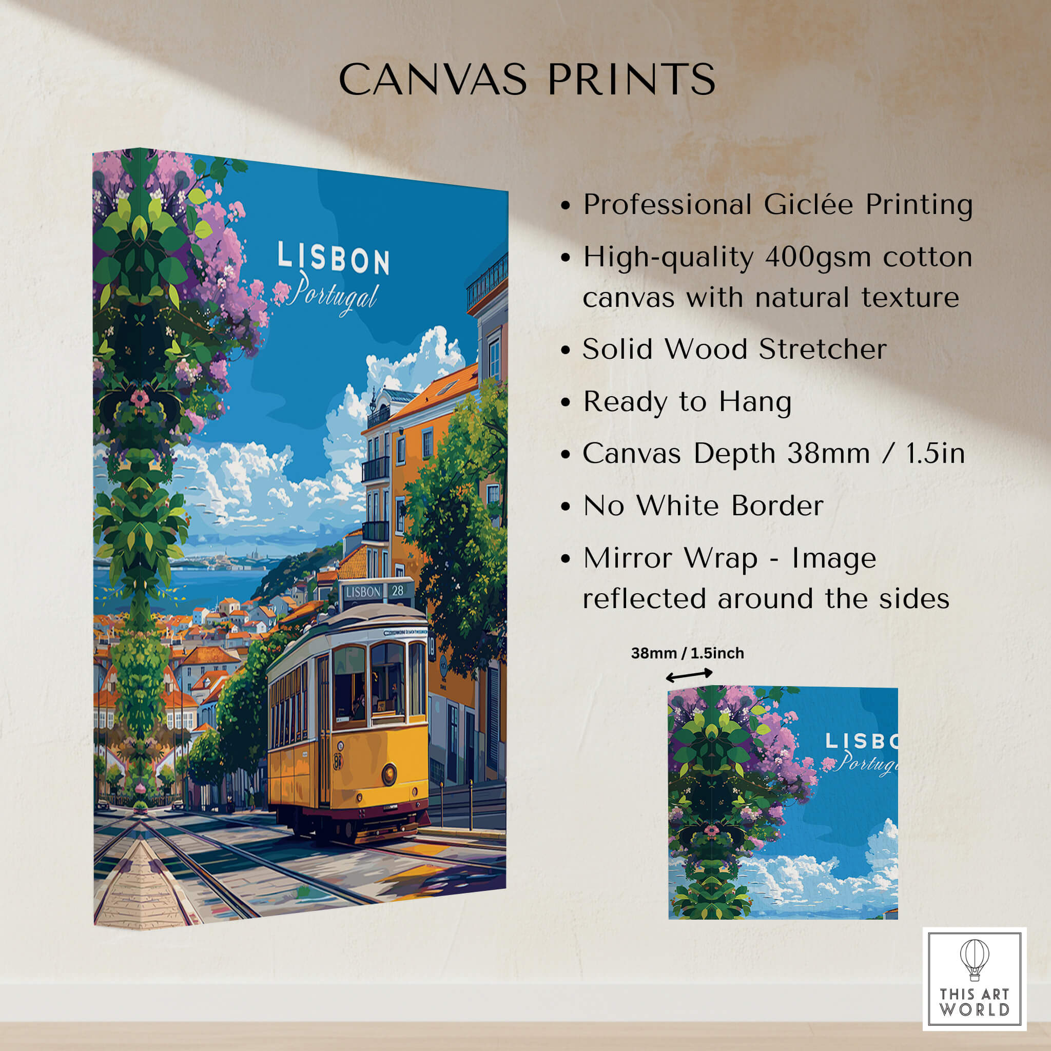 Lisbon Cityscape Tram 28 Poster | Colorful Portugal Travel Art showcasing vibrant colors and detailed Giclée printing.