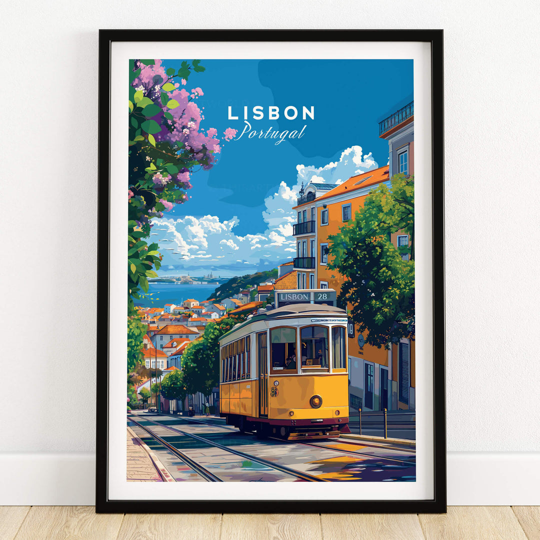 Lisbon Cityscape Tram 28 Poster | Colorful Portugal Travel Art framed artwork showcasing the iconic yellow tram in vibrant Lisbon.