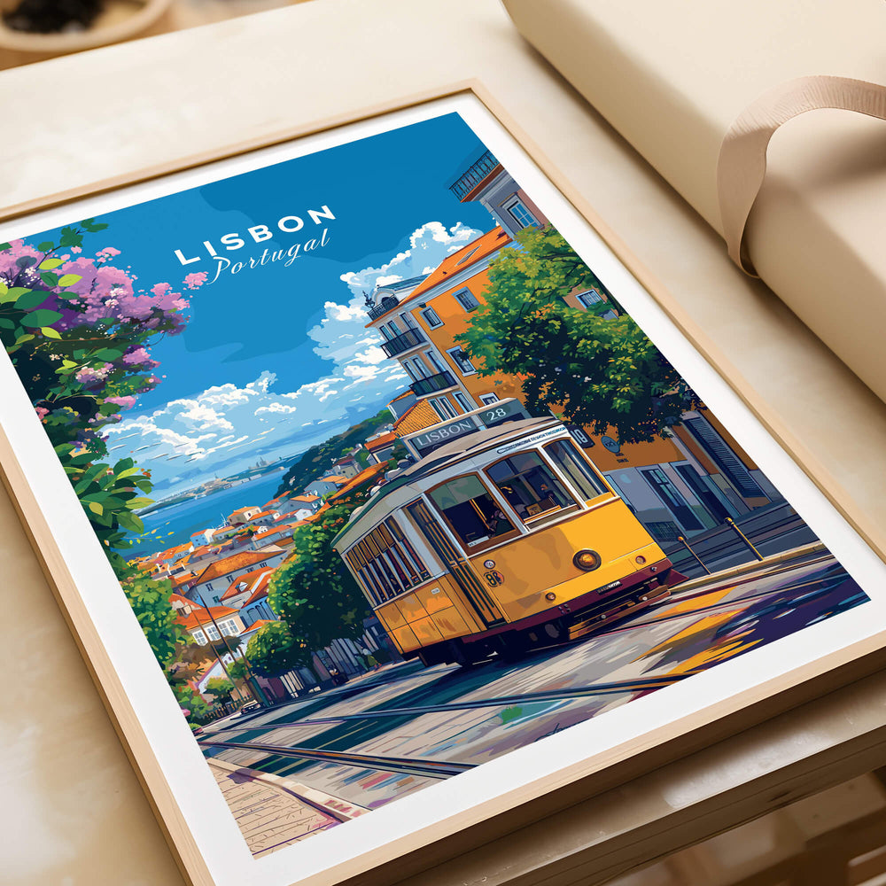 Lisbon Cityscape Tram 28 Poster | Colorful Portugal Travel Art featuring vibrant streets and iconic yellow tram.