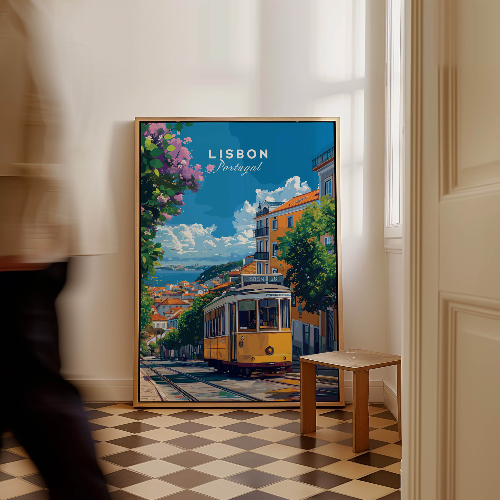 Lisbon Cityscape Tram 28 Poster | Colorful Portugal Travel Art displayed in an elegant interior setting.