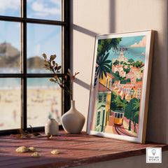 Lisbon Portugal Tram and Castle View Art Print | Pastel Cityscape Poster displayed in a sunny room with beach view.