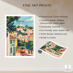 Lisbon Portugal Tram and Castle View Art Print | Pastel Cityscape Poster showcasing vibrant design and professional printing details.
