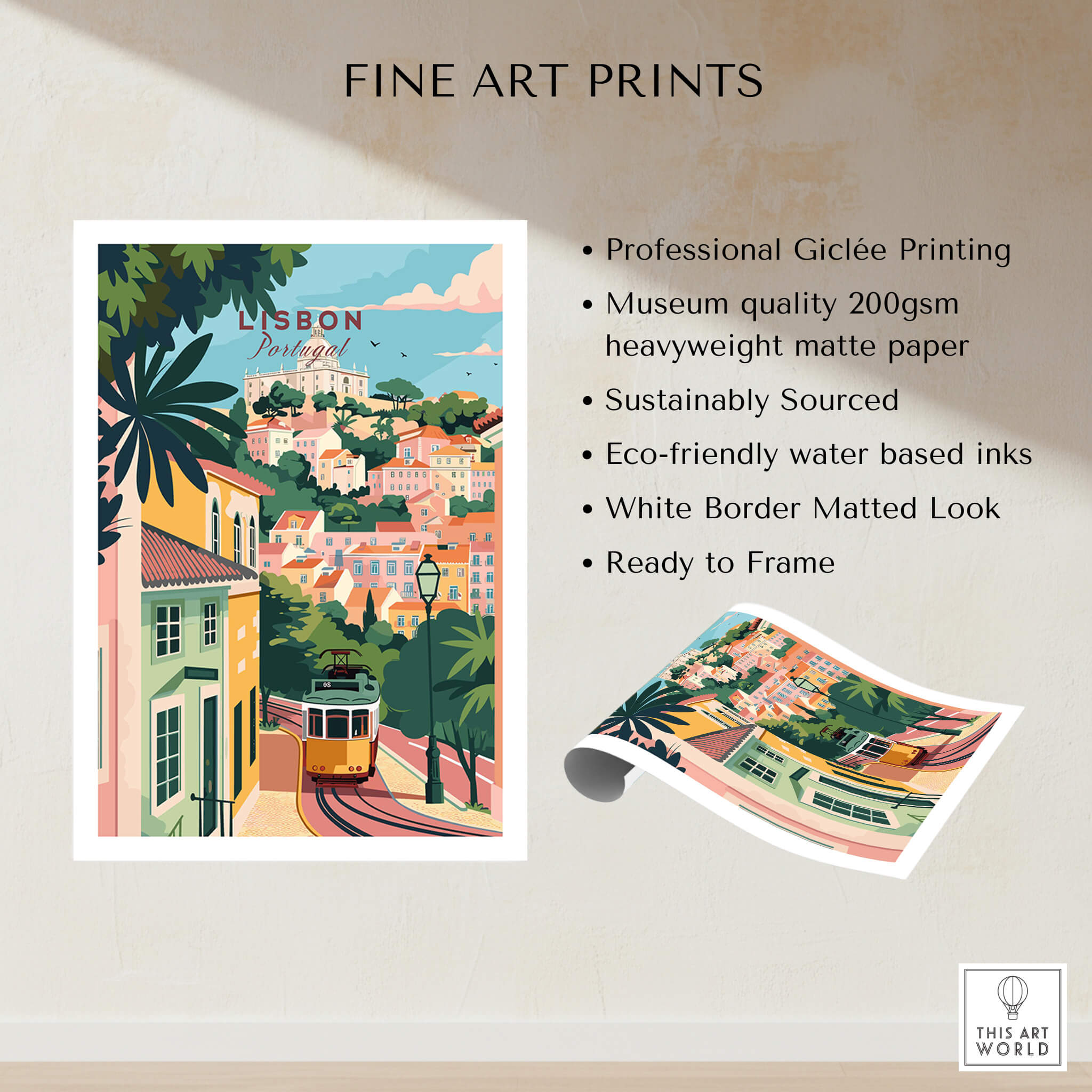 Lisbon Portugal Tram and Castle View Art Print | Pastel Cityscape Poster showcasing vibrant design and professional printing details.